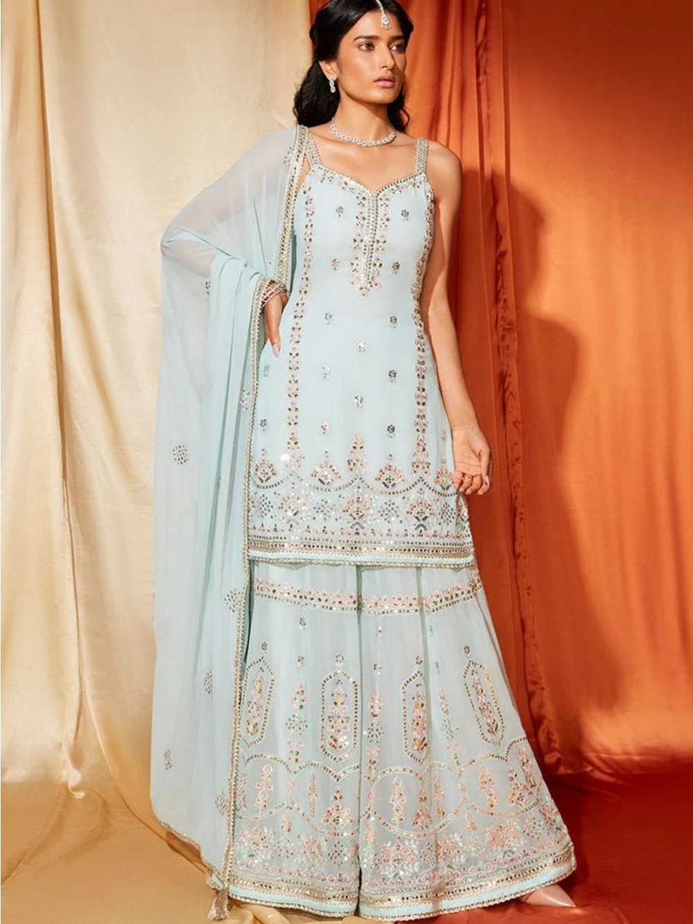 Powder Blue Embellished Sleeveless Wedding Dress with Dupatta